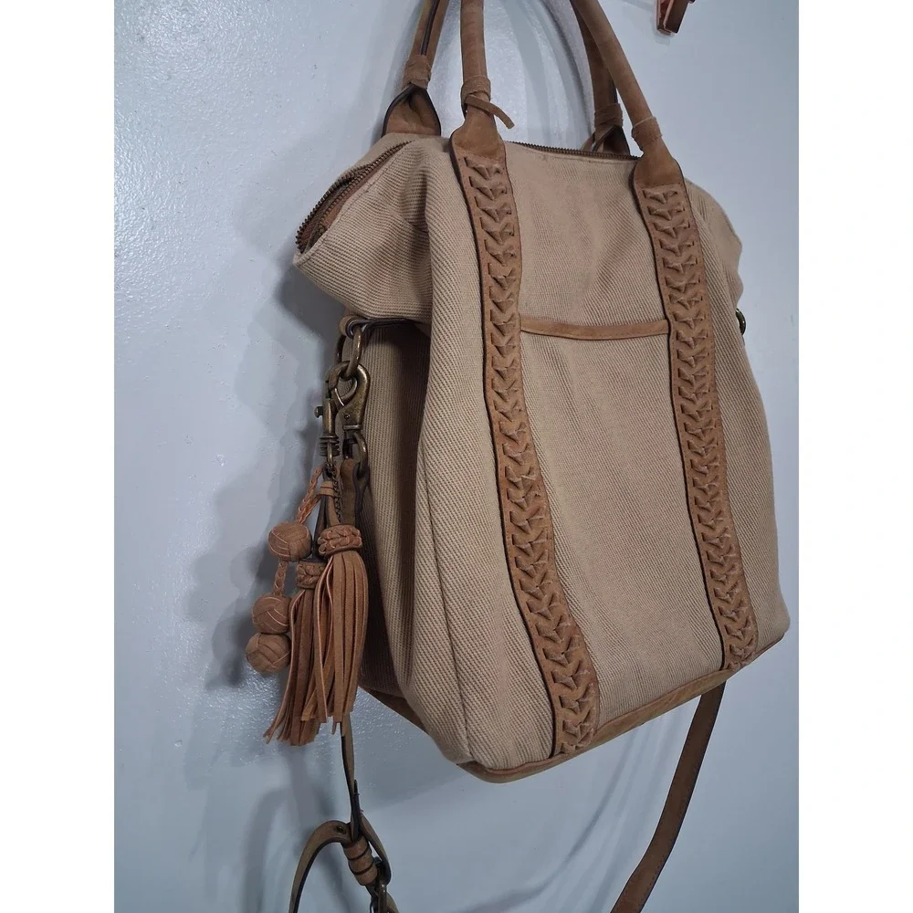 Elle Jae Gypset Tan Canvas Whipstitch Tote Bag Satchel‎ with Tassel Charm